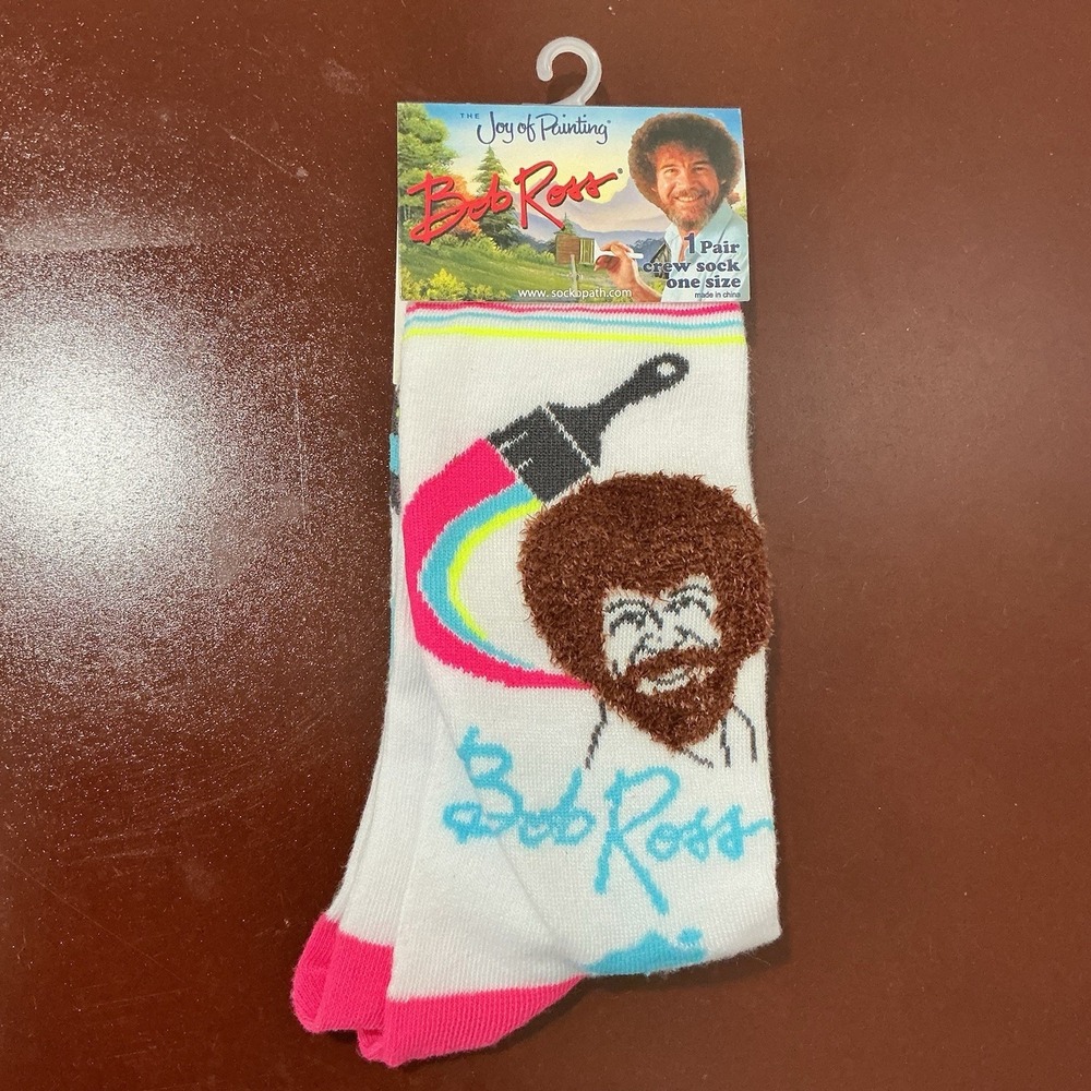 BRAND NEW Bob Ross theme novelty crew Socks -The Joy of Painting 1PR Men's 8-12